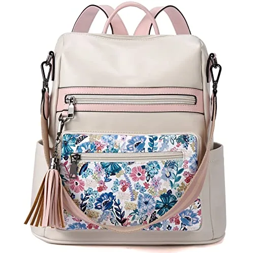 Large Tassel Backpack Purse in Beige Floral