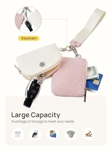 Small Zip Wristlet in Beige with Pink, view 3