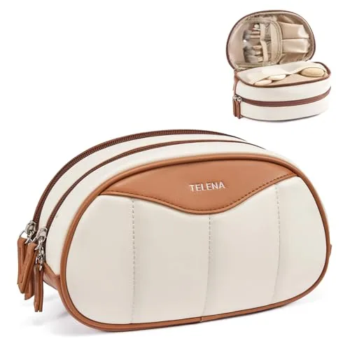 Medium Makeup Bag in Beige with Brown