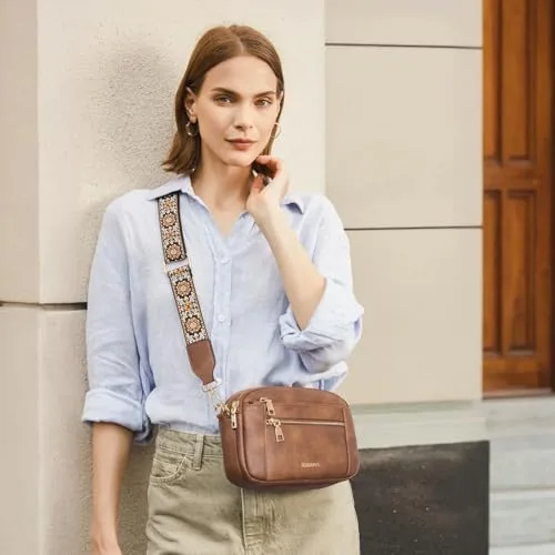 Small Wide Strap Crossbody Bag in Rough Camel Brown, view 3