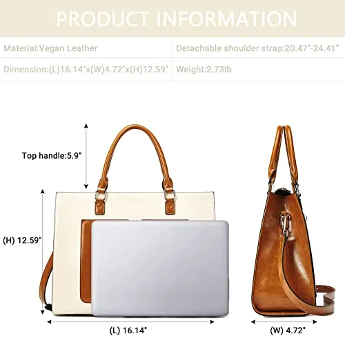 Large Capacity Leather Briefcase in Brown with Beige, view 3