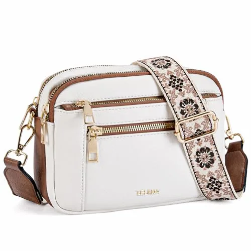 Small Wide Strap Crossbody Bag in Beige with Brown