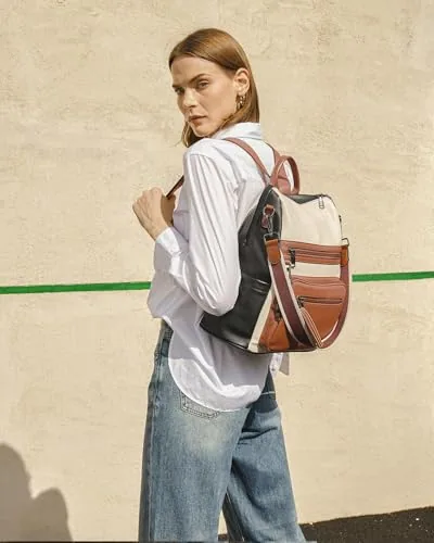 Large Tassel Backpack Purse in Beige Black Brown, view 2