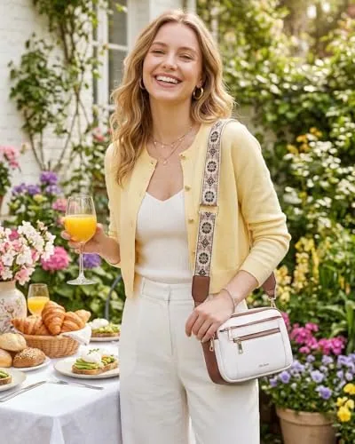 Small Wide Strap Crossbody Bag in Beige with Brown, view 2
