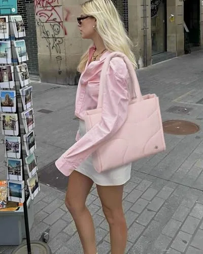 Quilted Tote Bag in Pink, view 3