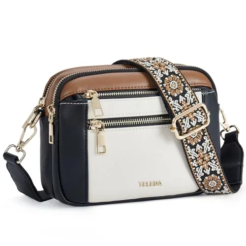 Small Wide Strap Crossbody Bag in Beige with Black and Brown
