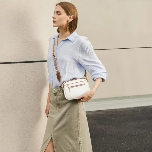 Small Wide Strap Crossbody Bag in Beige with Brown, view 3