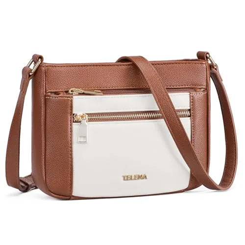Vegan Leather Crossbody Bag in Beige with Brown