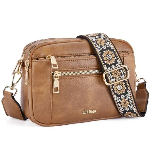 Small Wide Strap Crossbody Bag in Rough Camel Brown