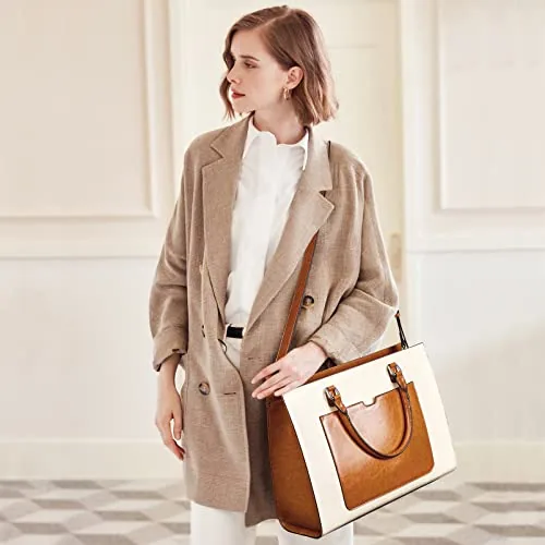 Large Capacity Leather Briefcase in Brown with Beige, view 2