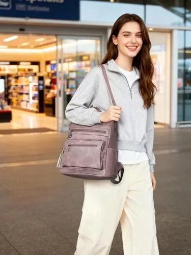 Large Tassel Backpack Purse in Purple, view 3