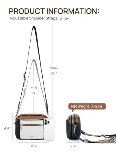 Small Wide Strap Crossbody Bag in Beige with Black and Brown, view 3