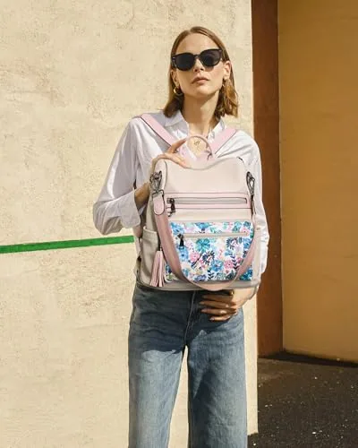 Large Tassel Backpack Purse in Beige Floral, view 2