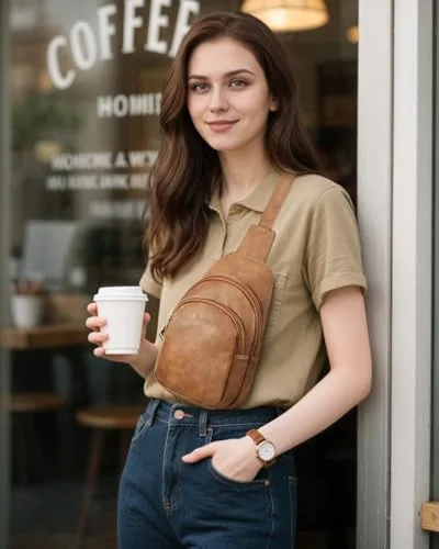 Vegan Leather Crossbody Bag in Camel Brown, view 2