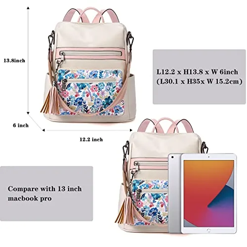 Large Tassel Backpack Purse in Beige Floral, view 4