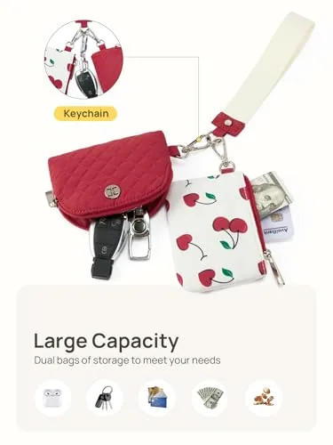 Small Zip Wristlet in Red with White, view 3